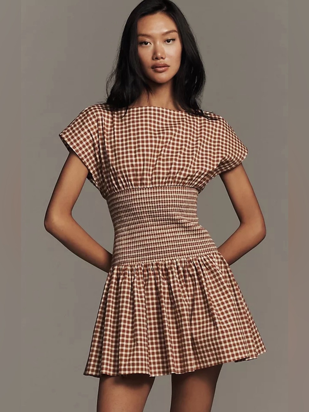 Avec Les Filles Gingham Smocked-Waist Mini Dress Size L NWT